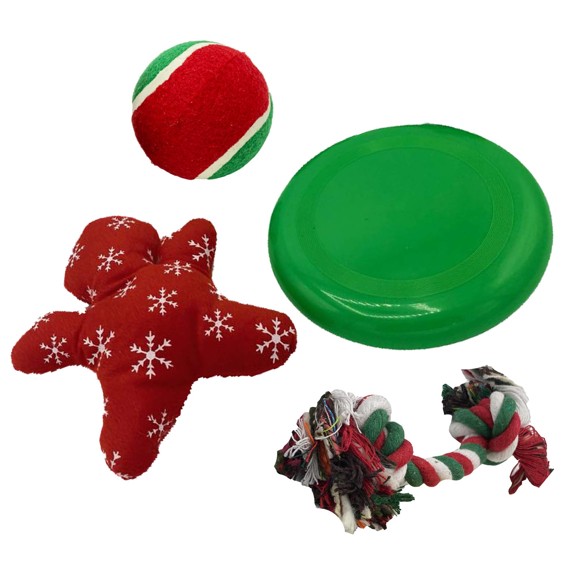 Dog Pack of 4 Interactive Christmas Pet Chew Toy Xmas Rope Frisbee Ball Pulse Xmas Toy Puppies Doggy Toys Xmas Gift Pack (Green)