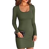 VICHYIE Women Square Neck Ribbed Bodycon Tight Dress Long Sleeve Mid Thigh Pencil Above Knee Dresses