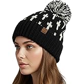 Funky Junque Women’s Knit Pom Beanie – Cozy Womens Winter Hat, Apres Ski Cold Weather Beanies with Geometric and Cross Design