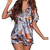 iTranyee Women 2 Piece Halloween Pajama Set Cute Print Satin Short Sleeve Button Up Shirt Elastic Waist Shorts Set Sleepwear