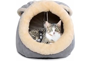 GARLIFDEN Cat Beds for Indoor Cats - Small Dog Bed with Anti-Slip Bottom, Rabbit-shaped Cat/Small Dog Cave with Hanging Toy, Puppy Bed with Removable Cotton Pad, Super Soft Calming Pet Sofa Bed (Grey Large)