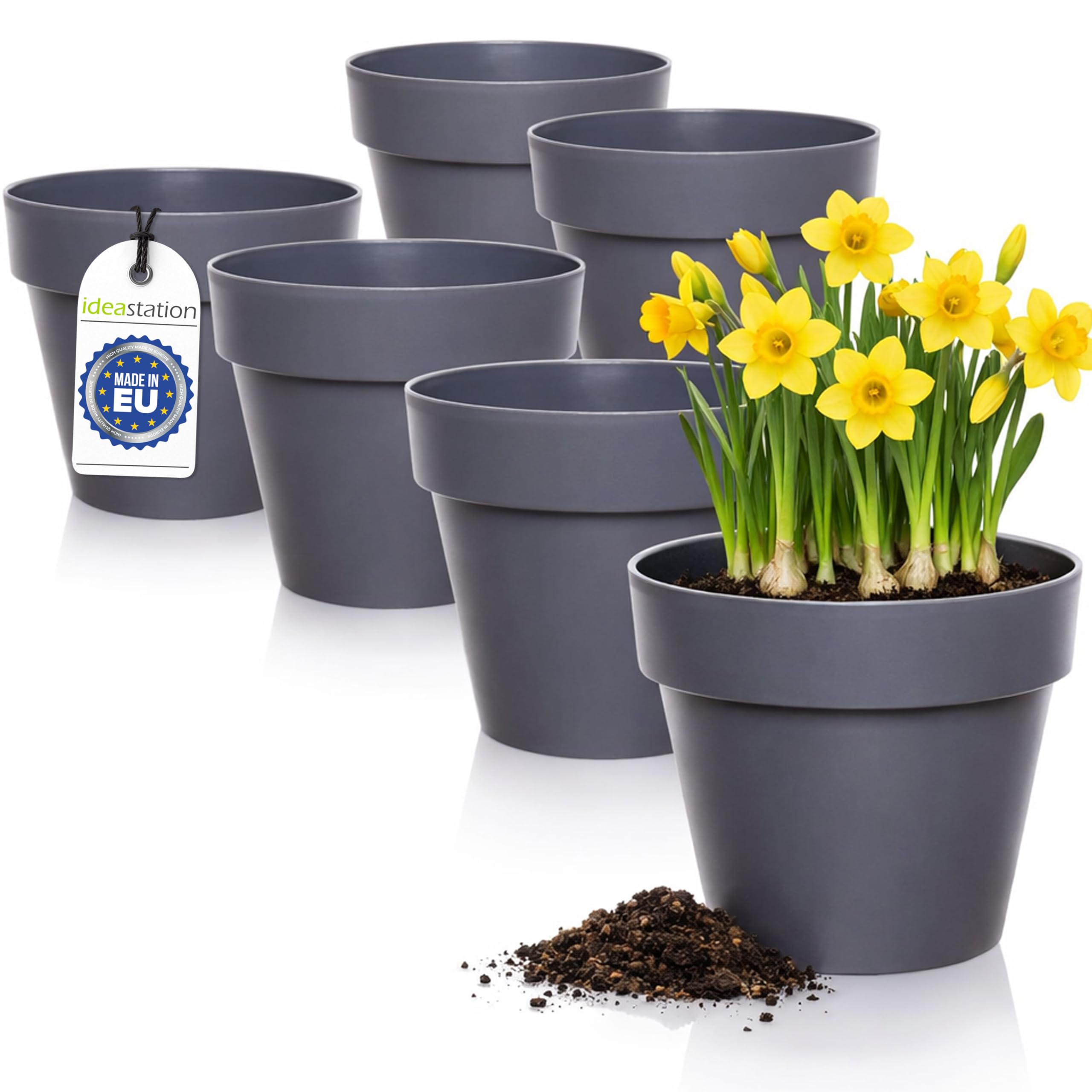 idea-station IBI Plastic Plant Pot Set 6 x 12 cm - anthracite - Indoor Plant Pot Set - Shatterproof Plant Pots in Modern Design, Round - Suitable for Variety of Plants - Outdoor or Indoor Use