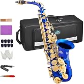 EASTROCK E Flat Alto Saxophone Blue/Golden Sax for Beginners and Students | Alto Sax Kit-Carrying Case, Mouthpiece, Reeds, Cushion Pads, Cleaning Kit, Gloves, Neck Strap for Practice &amp; Performance