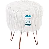 BIRDROCK HOME White Faux Fur Vanity Stool Chair - Soft Furry Compact Padded Seat - Vanity, Living Room, Bedroom and Kids Room Chairs - Hair Pin Metal Legs Upholstered Decorative Furniture Foot Rest
