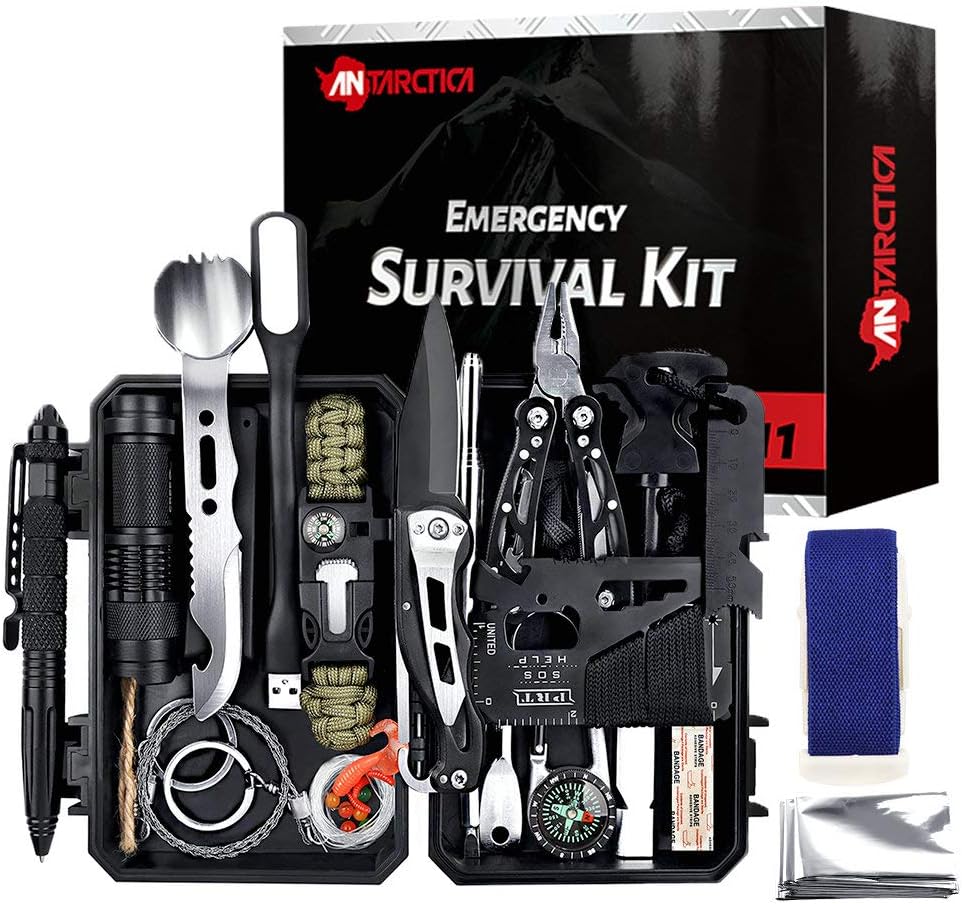 ANTARCTICA Emergency Survival Gear Kits 60 in 1, Outdoor Survival Tool with Emergency Bracelet Whistle Flashlight Pliers Pen Wire Saw for Camping, Hiking, Climbing,Car