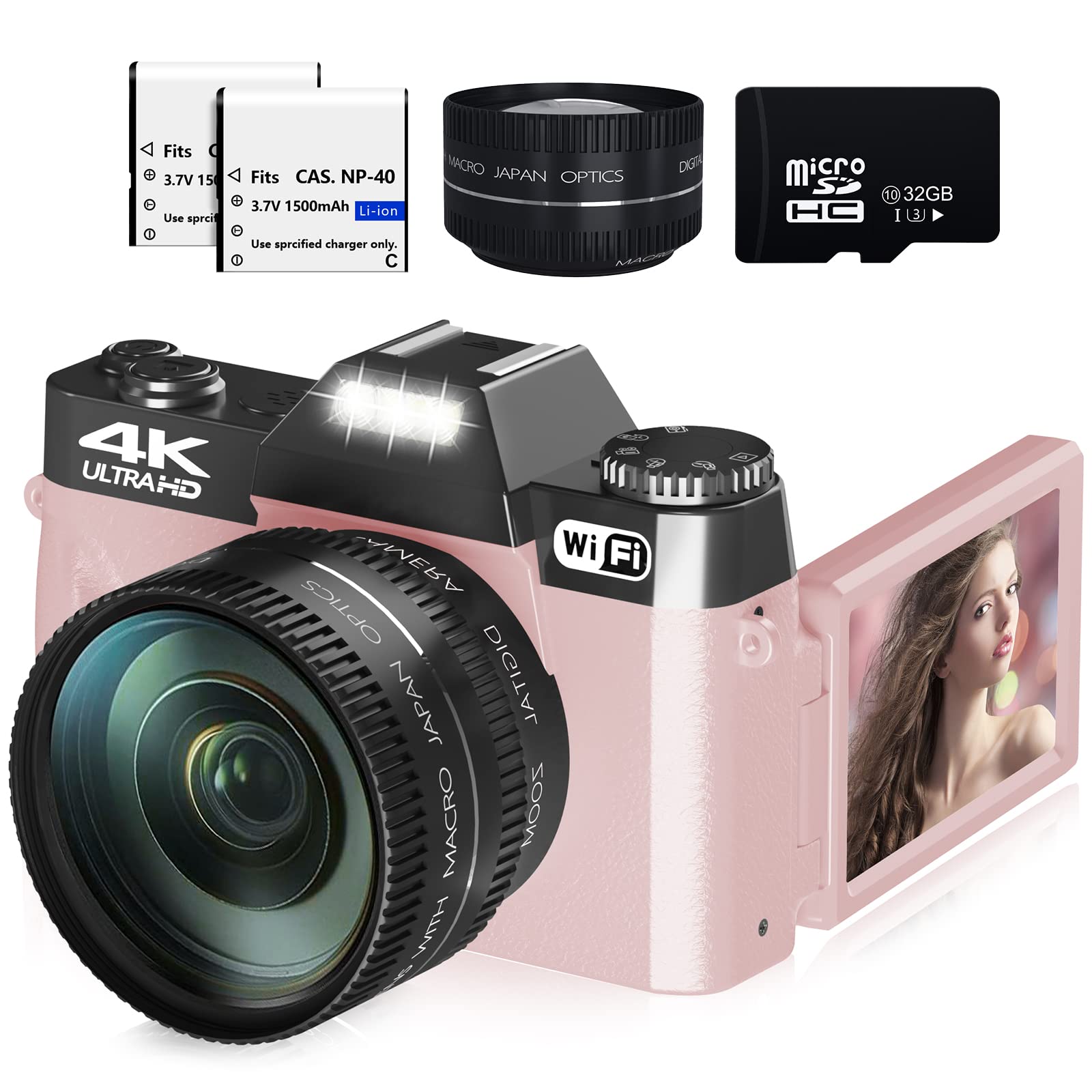 Digital Cameras for Photography, 4K 56MP Vlogging Camera for YouTube with WiFi, Manual Focus, 16X Digital Zoom, 52mm Wide Angle Lens & Macro Lens, 32GB TF Card and 2 Batteries(Pink)