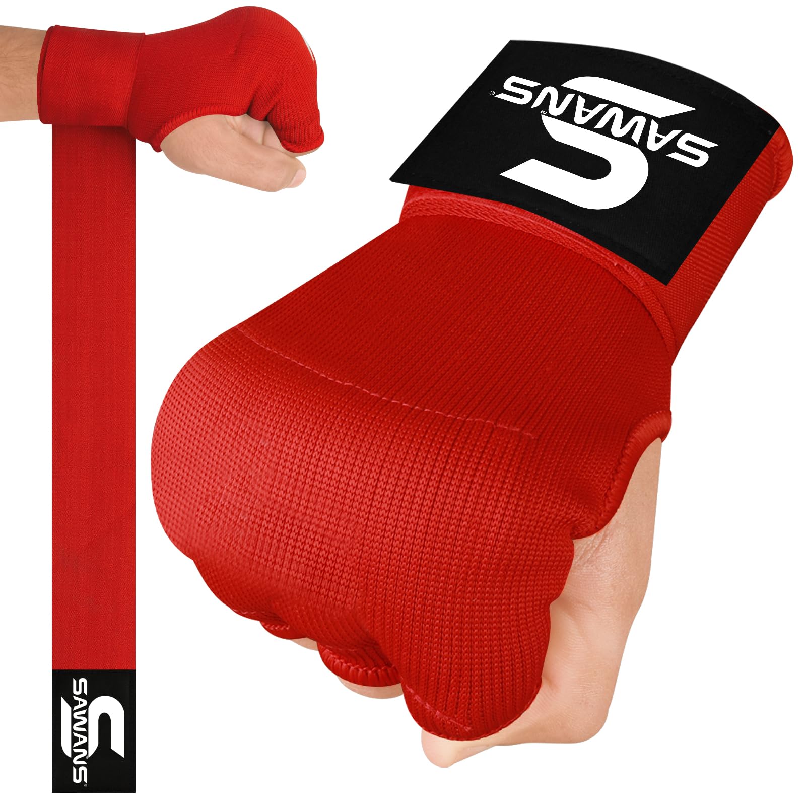 SAWANS Boxing Hand Wraps Inner Gloves for Hand Protection Long Wrist Straps Elasticated, Padded Martial Arts Combat Gloves Punching Bag Training Gel Mitts Muay Thai MMA (L/XL, Red)