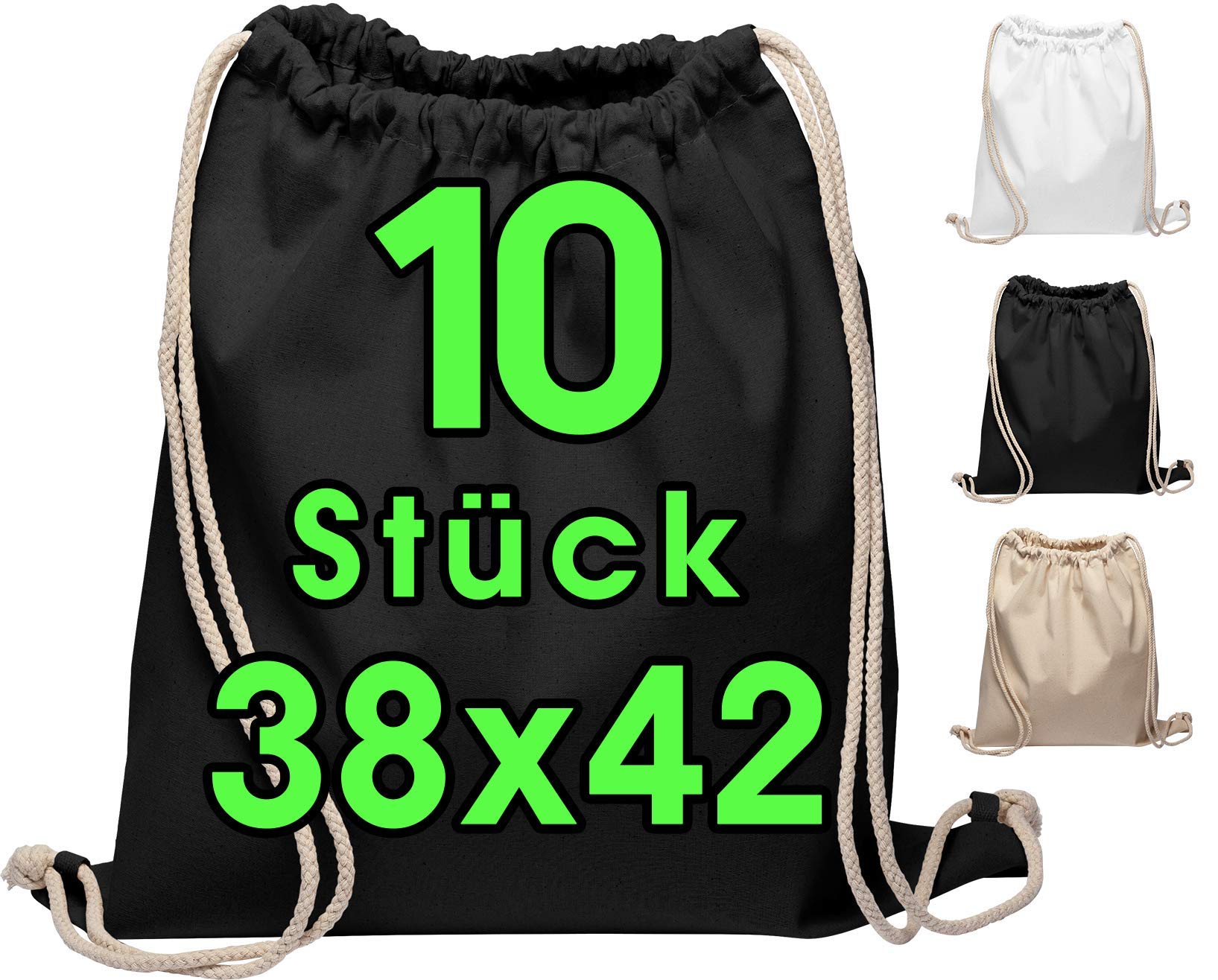 ELES VIDA Pack of 10 Cotton Gym Drawstring Bag 38 x 42 cm natural fabric bag sports bag rucksack bags, cotton bags, Jute Bag Öko-Tex-Certified (black)