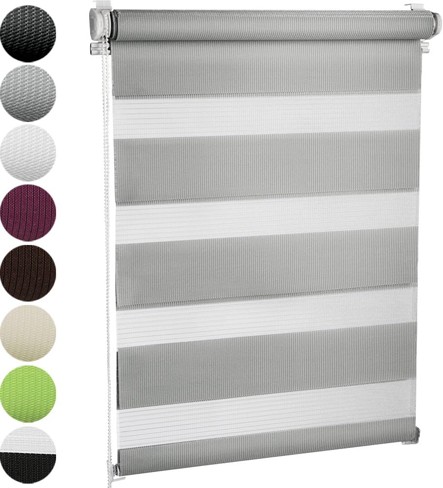 Jago Roller Blinds (Striped) Dual Function Double Layer Adjustable Curtains - Alternately Translucent or Blackout (Grey, 70 x 120 cm)