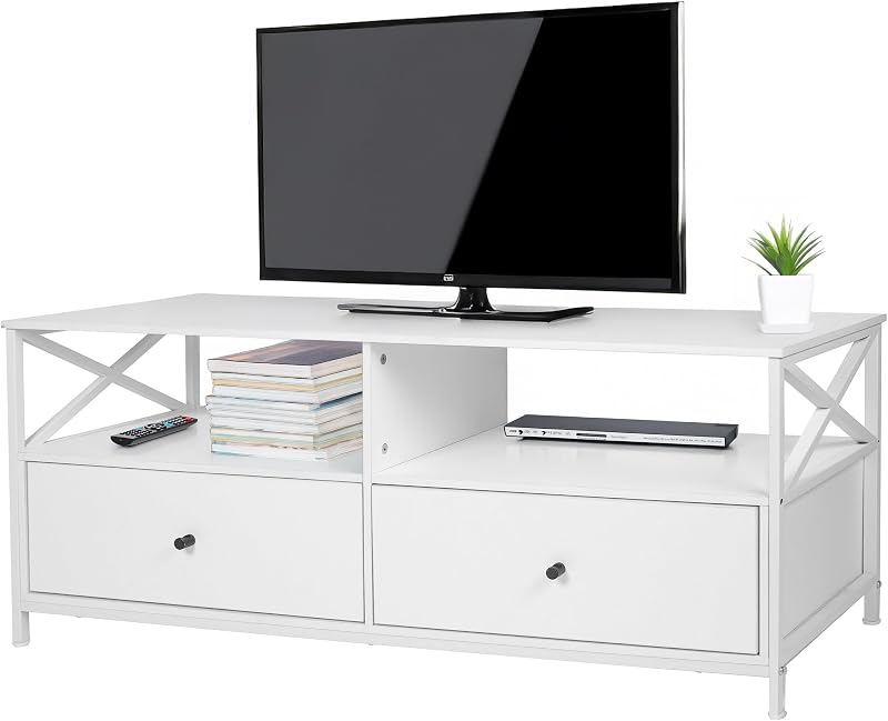 Mueble TV, 2 Huecos y 2 cajones, para TV hasta 55", 50 x 120 x 40 cm, Blanco