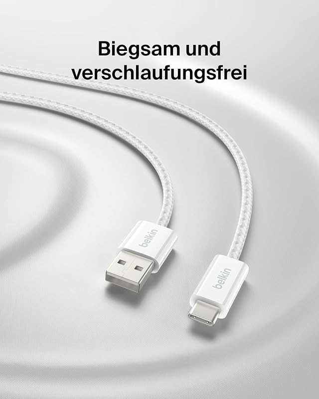 2er-Pack geflochtenes USB-A auf USB-C Ladekabel, 1,5 m, 15W, biegsames, flexibles Schnellladekabel, USB-C kabel für iPhone 17 und 16, Galaxy S25, Pixel 10, iPad Pro usw. – Weiß