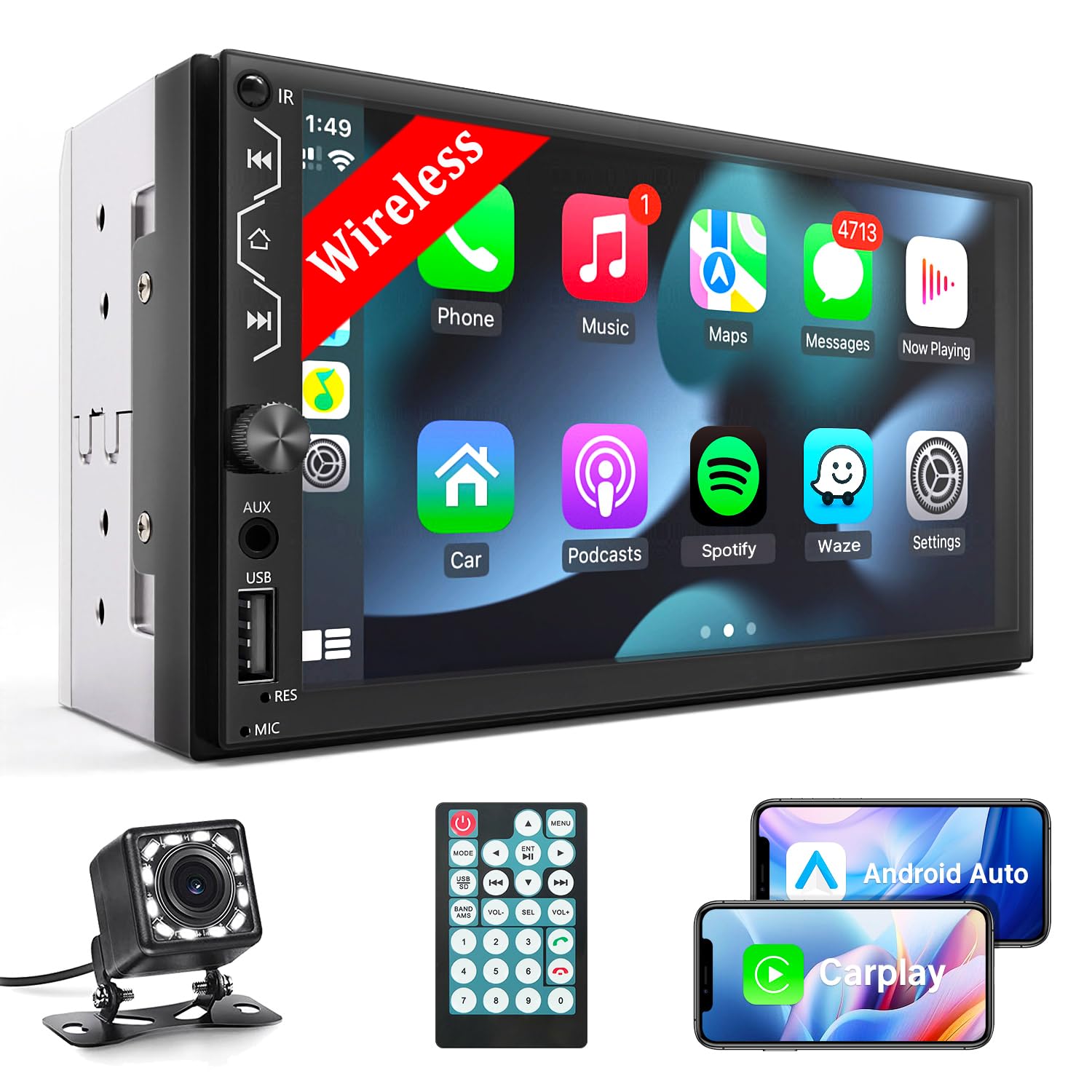 Photo 1 of Double Din Car Stereo with Wireless Carplay and Wireless Android Auto,7 Inch Full HD Touchscreen Car Stereo Receivers Support Mirror Link,Bluetooth, Backup Camera,Steering Wheel,FM/USB/AUX/Subwoofer