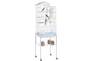 Yaheetech 62.5-inch Roof Top Flight Bird Cage for Parakeets Cockatiels Conures Finches Lovebirds Canaries Budgies Small Parrots, Large Birdcage with Detachable Rolling Stand, White