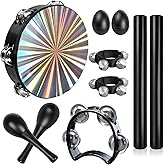 Radiant Tamborines Musical Instrument Adults, Kids Music Percussion Set | Radiant Round Tambourine, Wood Rhythm Wood Sticks, Bells Tambourine, Wrist Bells, Egg Shakers, a Pair Maracas