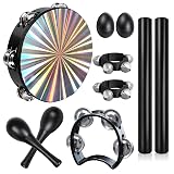10 Pcs Laser Color Tambourines for Adults - 8in Hand Drum, Wood Rhythm Sticks, Bells Tambourine, Wrist Bells, Egg Shakers, a Pair Maracas, Musical Percussion Instrument Set for Church, Party