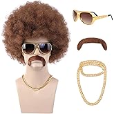 morvally 70s Brown Afro Wig for Men with Glasses Chain and Mustache Mens Short Brown Curly Disco Costume Wigs 70's 80s Hippie Rocker Funny Cosplay Synthetic Wigs for Halloween Party