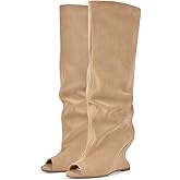 Rhineshell Women's Wedge Knee High Sandal Boots Peep Toe Slouchy Pull On High Heels