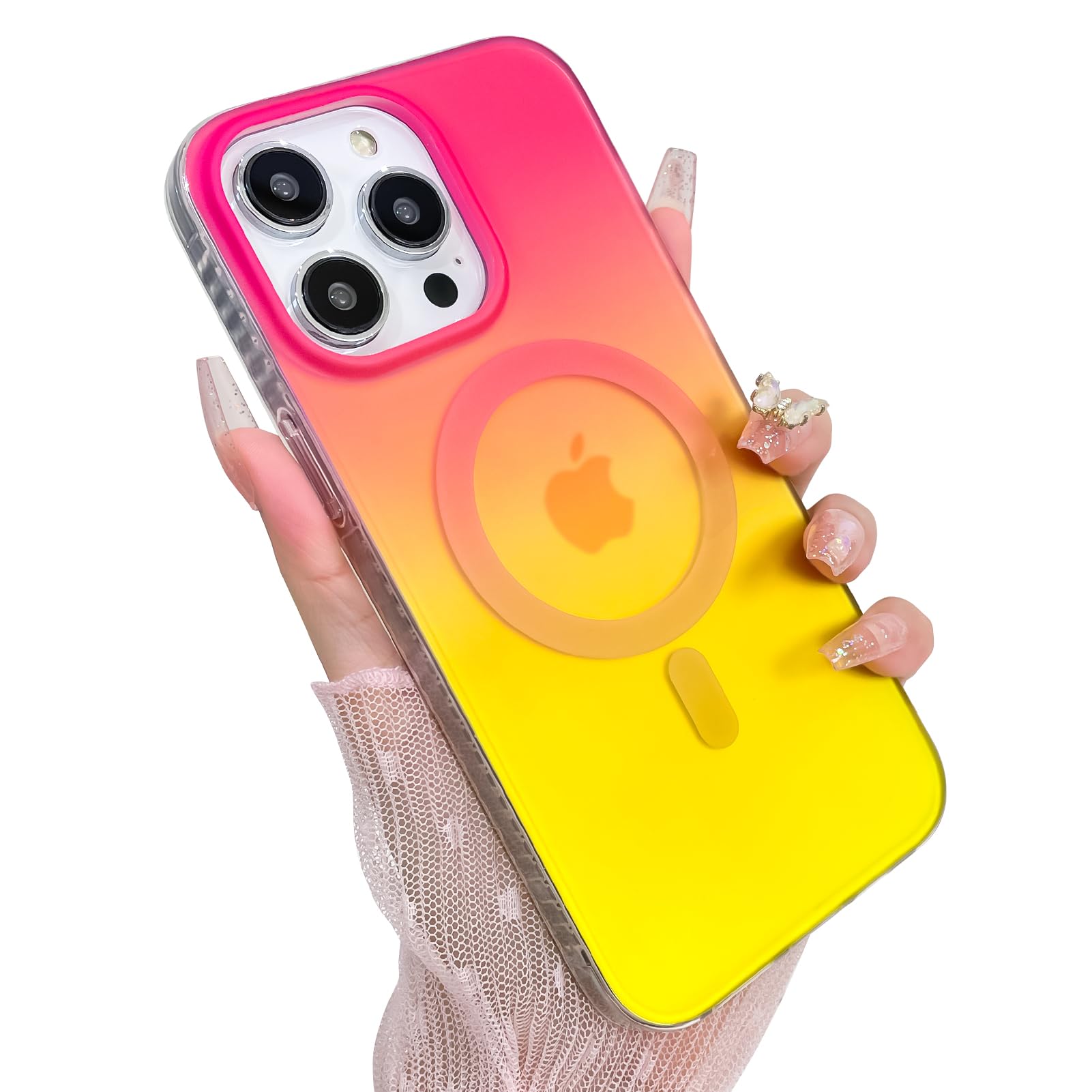 Heaofei Aesthetic Case for iPhone 14 Pro Max Case for Women Girls, Compatible with Magsafe, Cute Girly Trendy Glitter Sparkly Rainbow Magnetic Protective Phone Cover, Matte Iridescent Red & Yellow