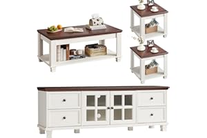 SAVOR LIFE Farmhouse TV Stand and Coffee Table Set 4, Rustic Wood Living Room Table Set with TV Console, Center Table, End Table Set of 2 for Living Room, White