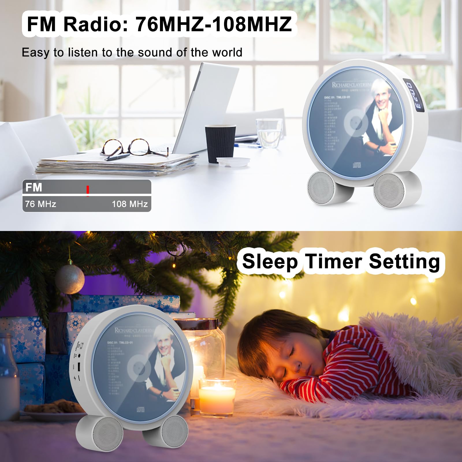 WOKALON Desktop Vertical CD Player Portable with Bluetooth for Home with LCD Screen Display Built in HiFi Speakers Support Timed Music ON/Off FM USB SD