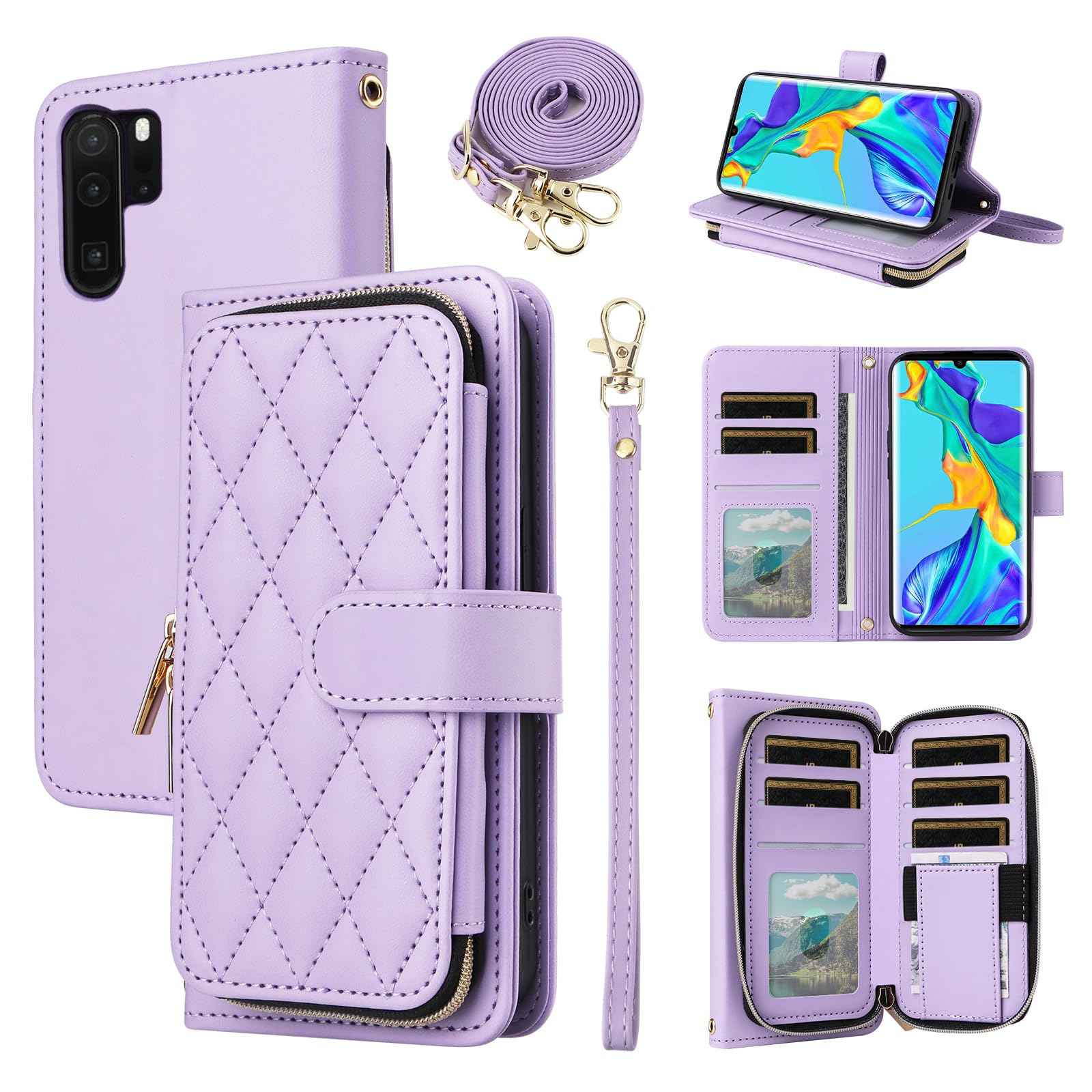 ELISORLI Wallet Case for Huawei P30 Pro with Wrist Strap, Crossbody Shoulder Strap, 9+ Card Slots Zipper Purse, Luxury PU Leather Stand Cell Phone Cover for Hawaii P30Pro P 30 Pro30 Women Purple