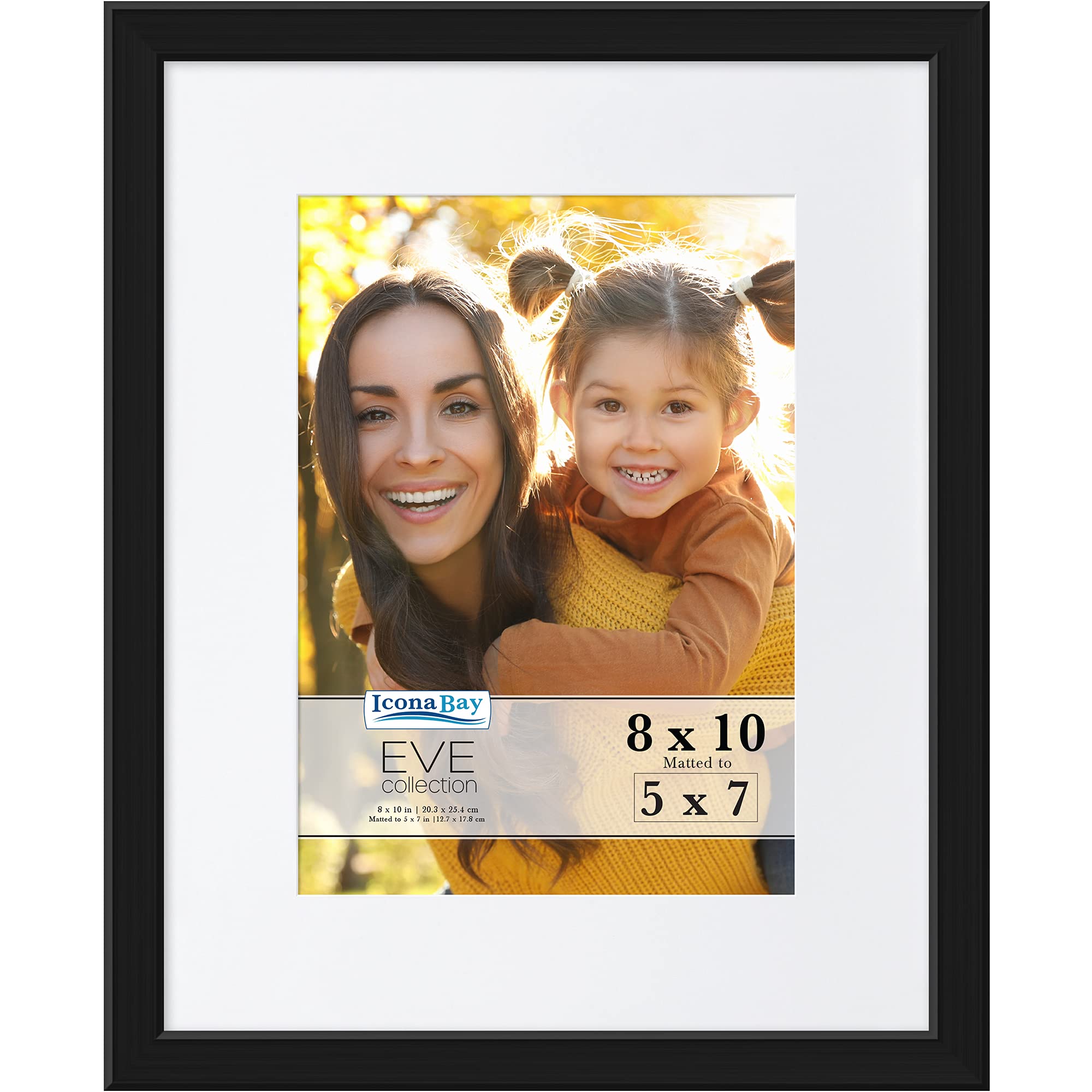 Icona Bay 10x8 Black Picture Frame w/Removable Mat to 7x5, Modern Double-Bevelled Frame, Tabletop or Wall Mount, Eve Collection