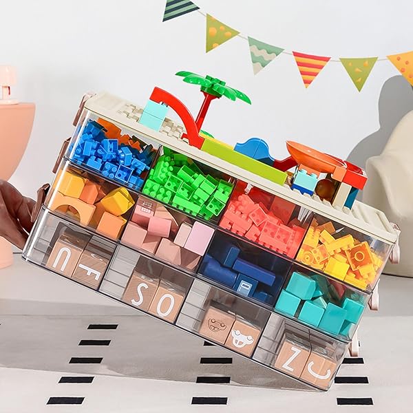 TOYS STORAGE ORGANIZER BINS FOR LEGO, STACKABLE TOYS ORGANIZER, LEGO BUILDING BLOCK STORAGE, TOY STORAGE BOX WITH 24 PALACE GRIDS, PLASTIC STACKABLE ORGANIZER BINS (WHITE 3LAYERS)