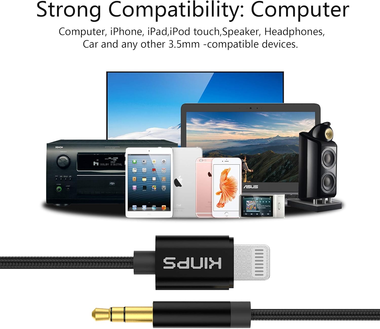 KINPS Aux to Lightning Cable 4FT, [Apple MFI Certified] 3.5 mm Headphone Jack Adapter Male Audio Cord Compatible with iPhone 11 Pro Max/iPhone 11/XS/XR/X/8/7 (Black-1 Pack): Electronics