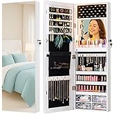 LUXFURNI LED Lights Mirror Jewelry Cabinet Wall Mounted or Door-Hanging, 42" Full Length Mirror with Storage, Built-in Makeup Mirror, Lockable Jewelry Mirror Organizer, White