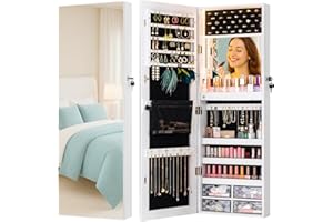 LUXFURNI LED Lights Mirror Jewelry Cabinet Wall Mounted or Door-Hanging, 42" Full Length Mirror with Storage, Built-in Makeup Mirror, Lockable Jewelry Mirror Organizer, White