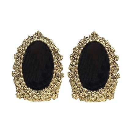 Photo Frame Pair Antique Golden Oval Shaped with Floral Carving in Metal by Handicrafts Paradise