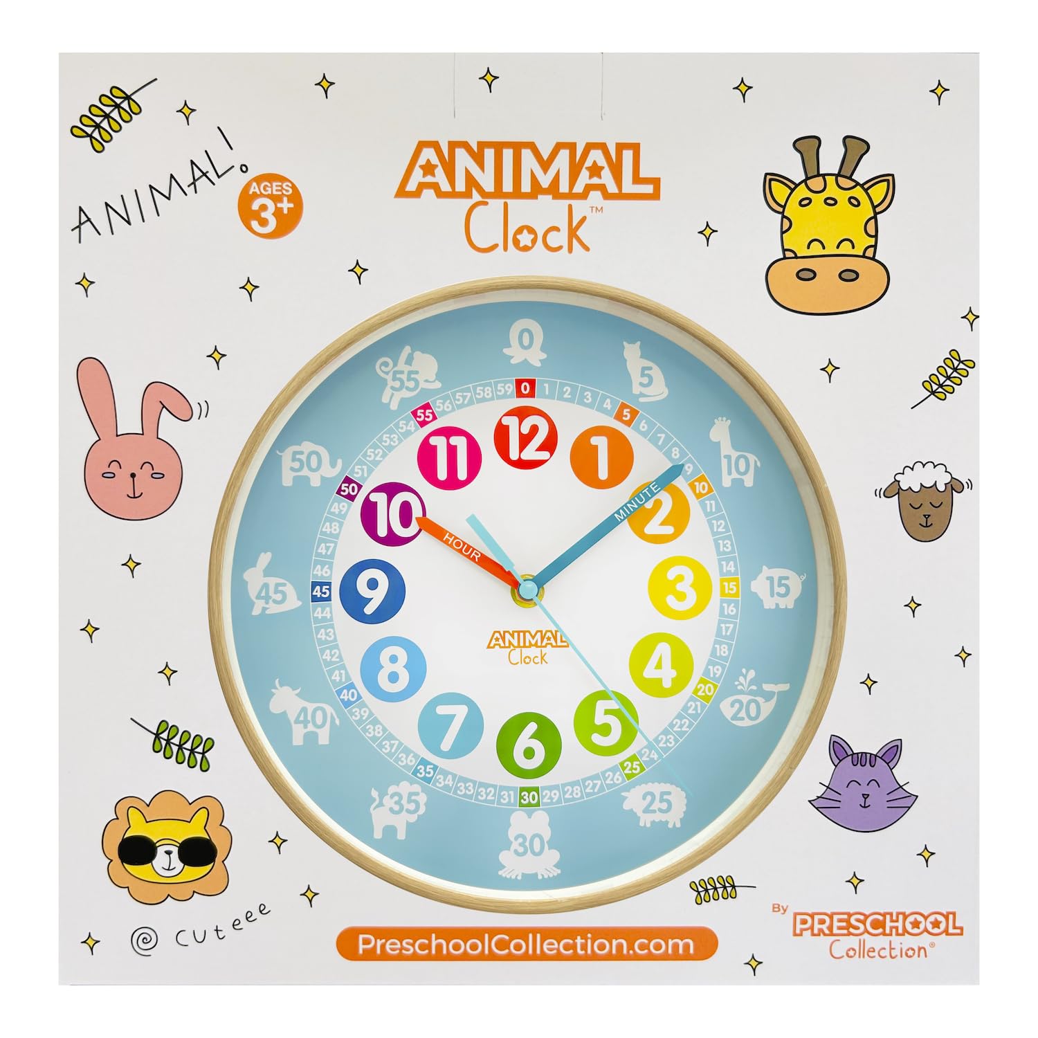 Animal Preschool Clock - Time Teacher 10 Inch Educational Silent Wall Clock with Wood Look Frame - Easy to Read Dial for Teacher's Classrooms, Preschooler's Bedroom & Children Playroom