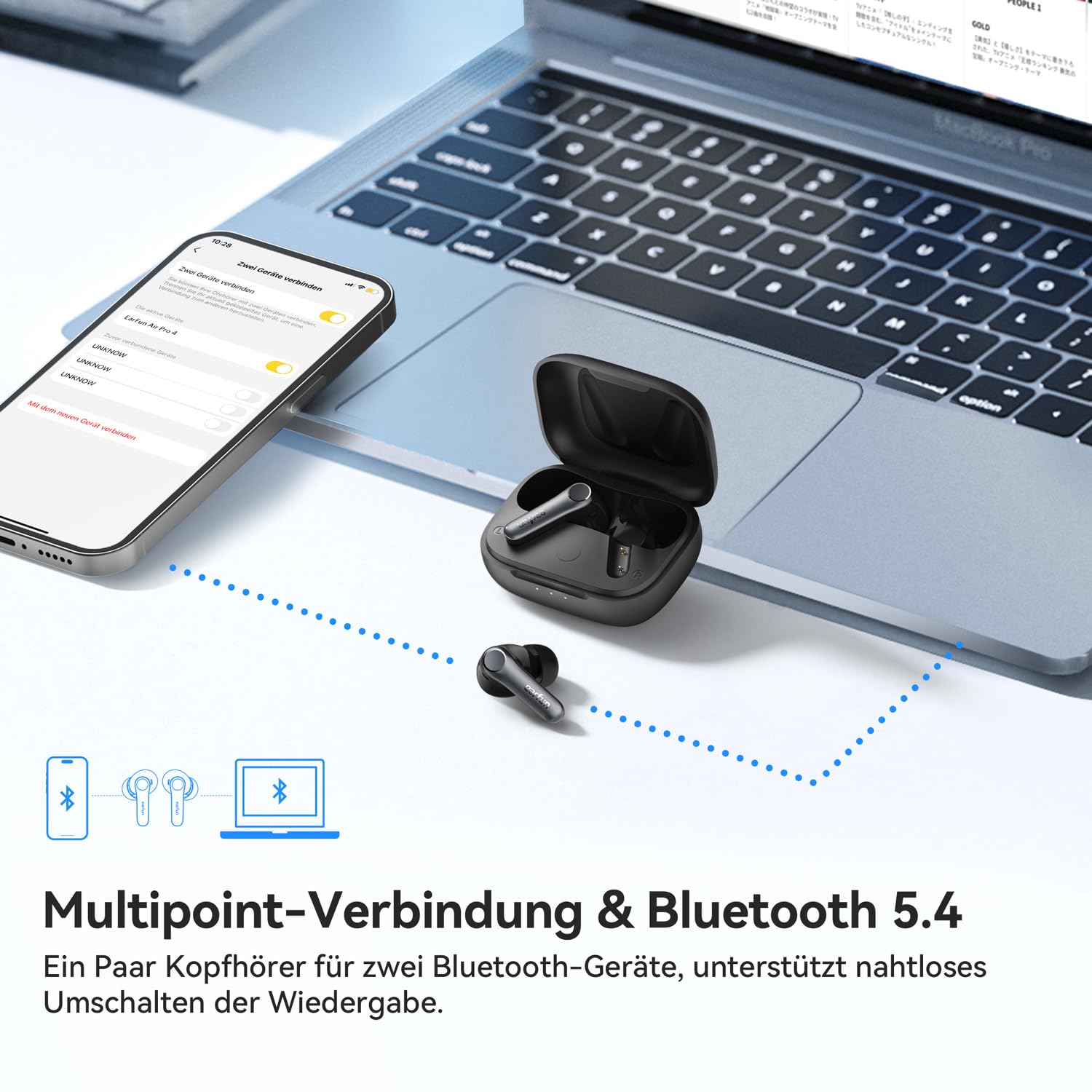 EarFun Air Pro 4 Bluetooth Kopfhörer mit Adaptive Hybride Geräuschunterdrückung, aptX Lossless, Hi-Res Audio, LDAC, 6 Mikrofone cVc 8.0 KI Anrufe, 52H Akku, Multipoint, Bluetooth 5.4, In-Ear Detection 7