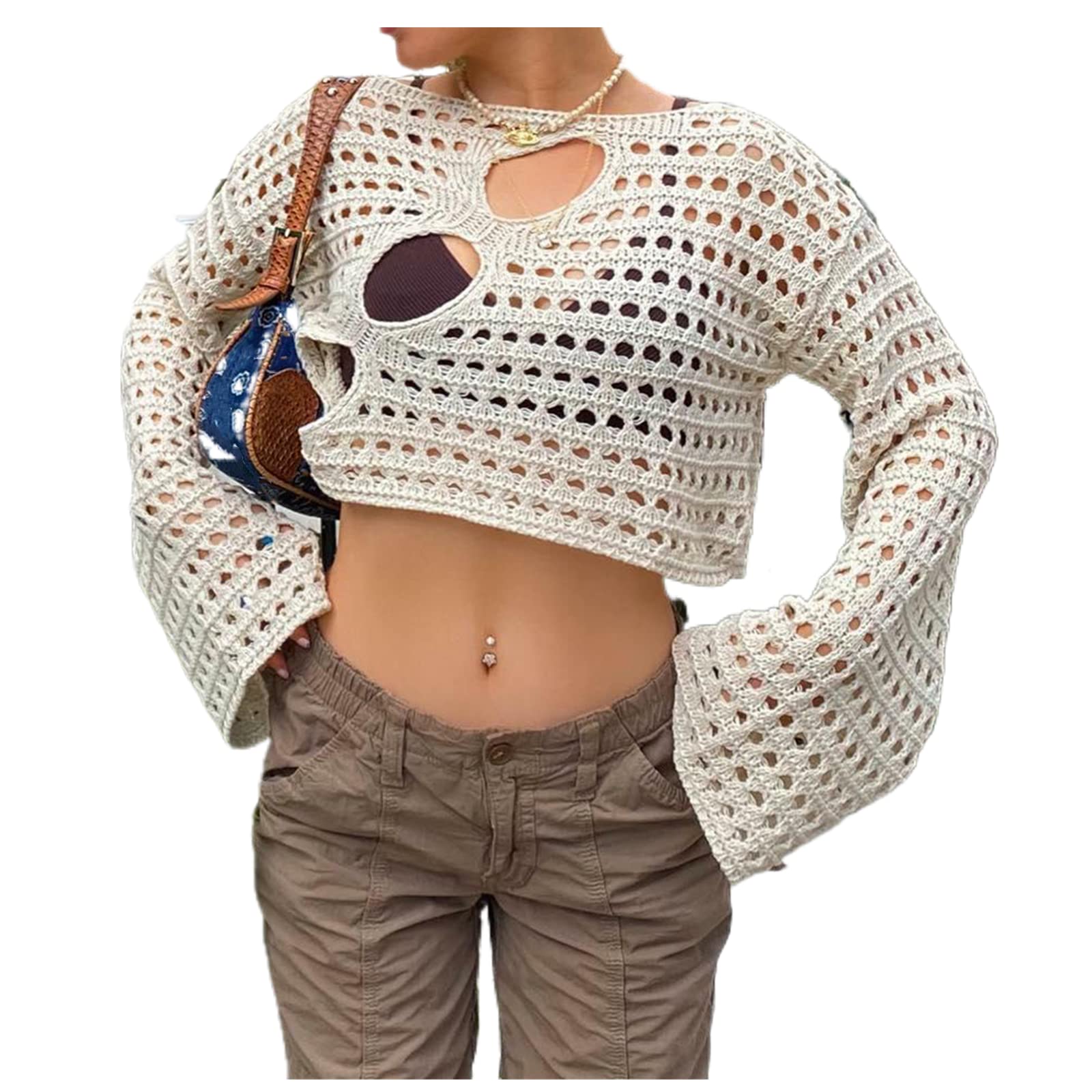 Bell Sleeve Crop Top Manga Larga Crochet Crochet Boho Crop Top