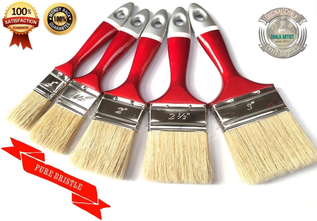 NEW LINE - #FRL5 - SET OF 5 - CHALK PAINTS & WAX shabby chic 5 PREMIUM FLAT PAINT BRUSHES NO BRISTLE LOSS PURE bristle BRUSHes Precission Quality