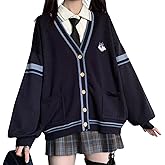 Chevara Women’s Kawaii Embroidery Crest Knit Cardigan V Neck Lace-Up Cuffs Preppy Sweater Coat with Pockets