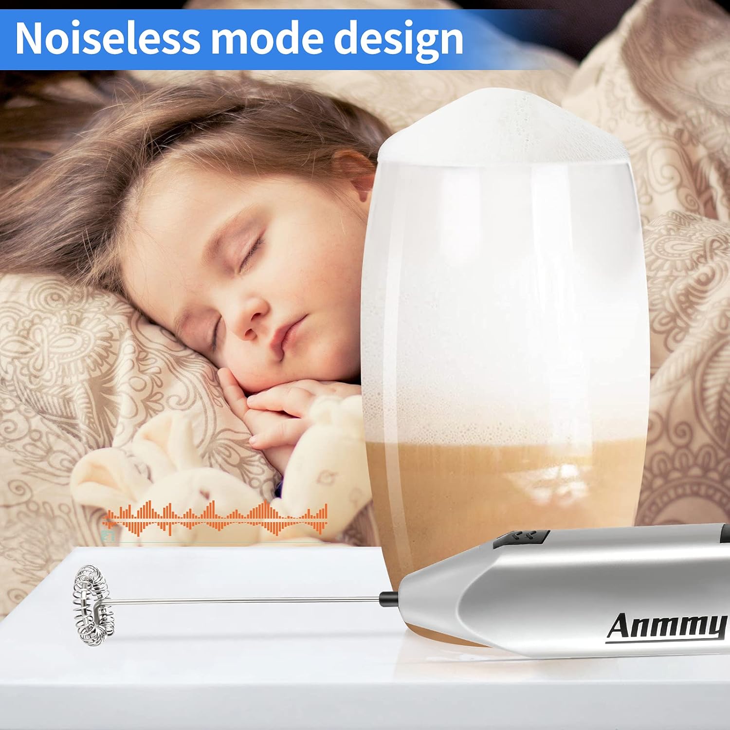 Anmmy Milk Frother quiet Hand held Frother Whisk, high powered Mini Blender For Coffee, Latte, Mocha, Matcha, Cappuccino, Hot Chocolate, Smoothie And Much More, electric foam maker mixer blender: Kitchen & Dining