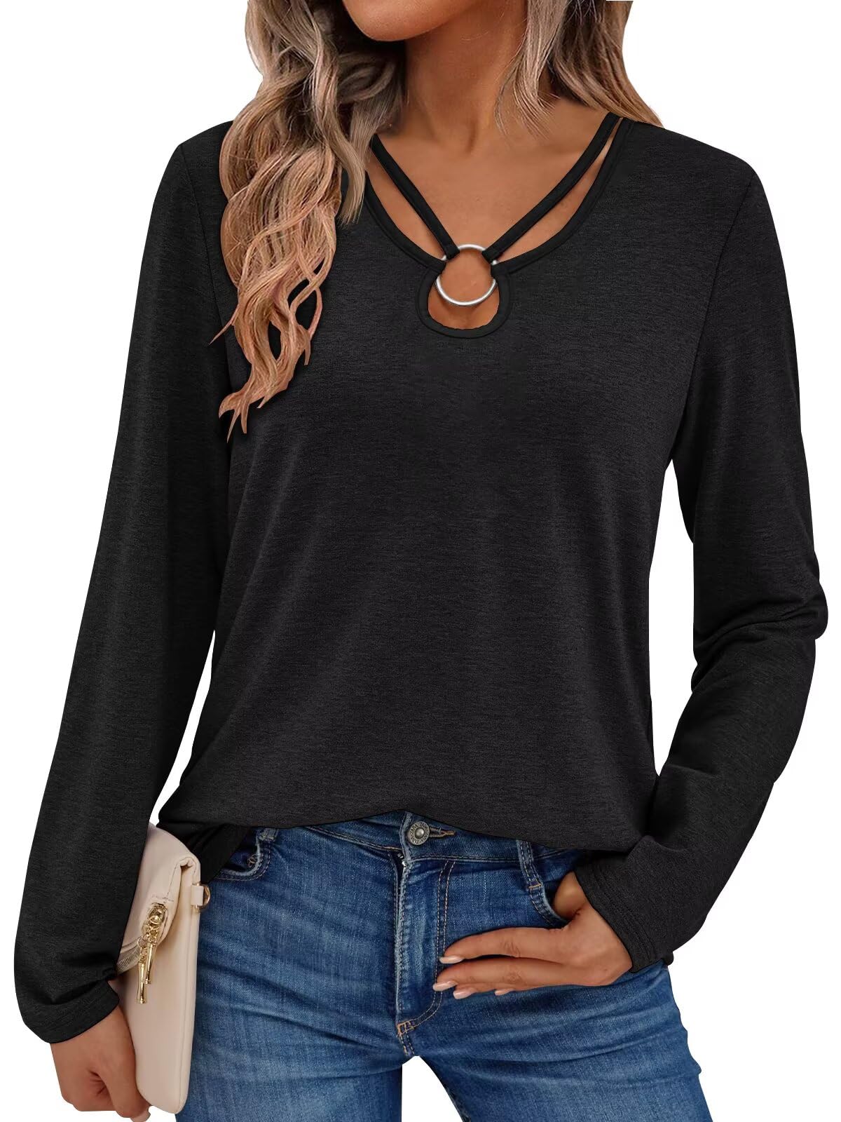 Photo 1 of 2025 Women's Long Sleeve Tops Keyhole Neck Detail Crew Neck Shirts Ring Cut Out Design Stretchy Tees (US, Alpha, XX-Large, Regular, Regular, Black)