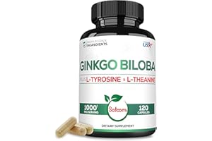 SATOOMI 1000mg Ginkgo Biloba Supplements with L-Tyrosine, L-Theanine - 120 Capsules for 2-Month Supply - Support Focus, Mermory Function, Brain Health & Vision Quality