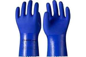 LANON PVC Chemical Resistant Gloves, Heavy-Duty Rubber Gloves, Acid, Alkali and Oil Protection, Non-Slip, Blue, Large