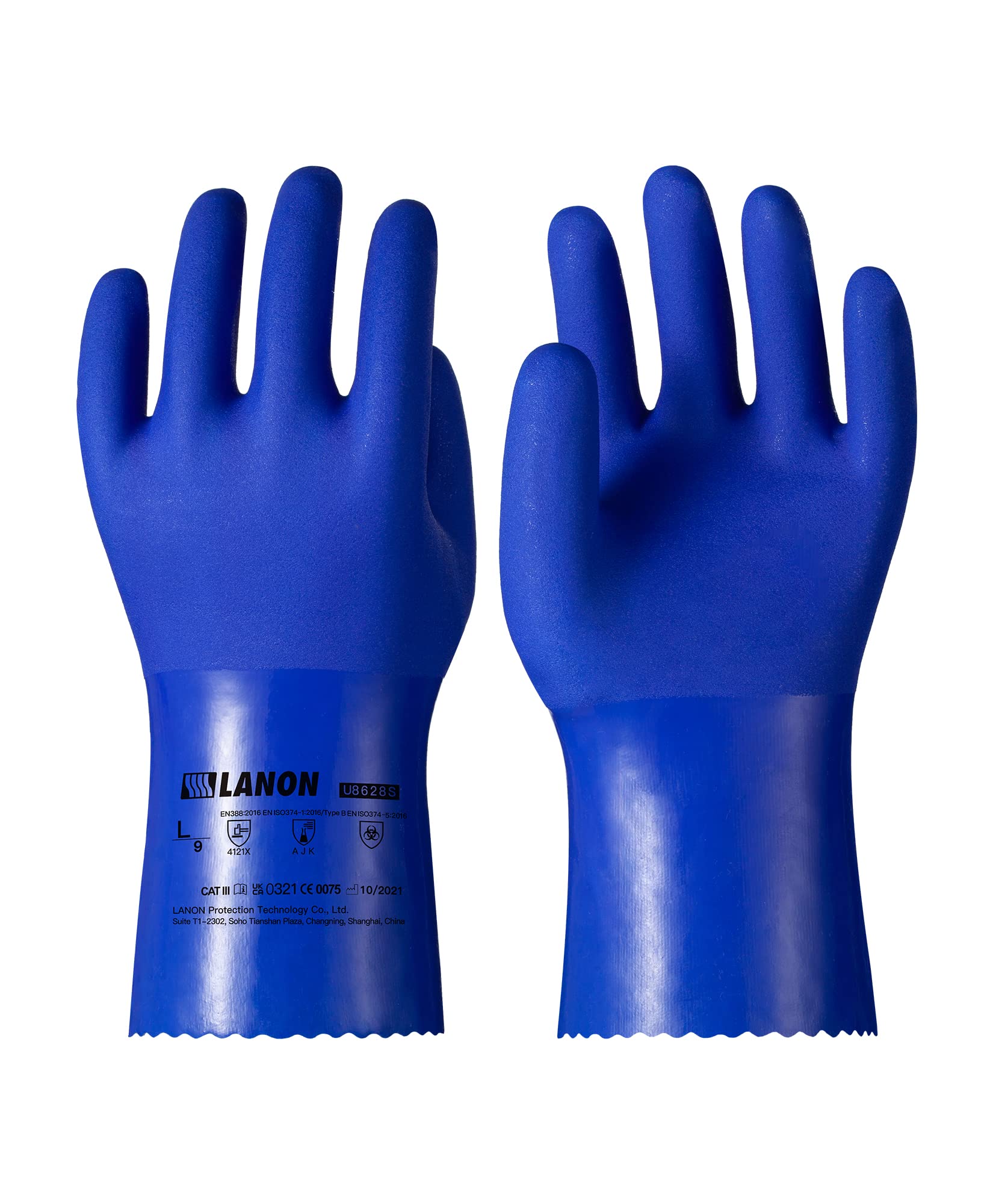 LANON PVC Coated Chemical Resistant Gloves, Reusable Heavy Duty Work Gloves, Acid, Alkali & Oil Protection, Latex Free, Non-Slip, Waterproof, Large