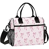 Krafig Cute Pink Ribbon Bow Lunch Bag Reusable Lunch Box for Office Picnic Hiking Beach, Insulated Cooler Tote Food Container with Adjustable Shoulder Strap for Men Women Adults
