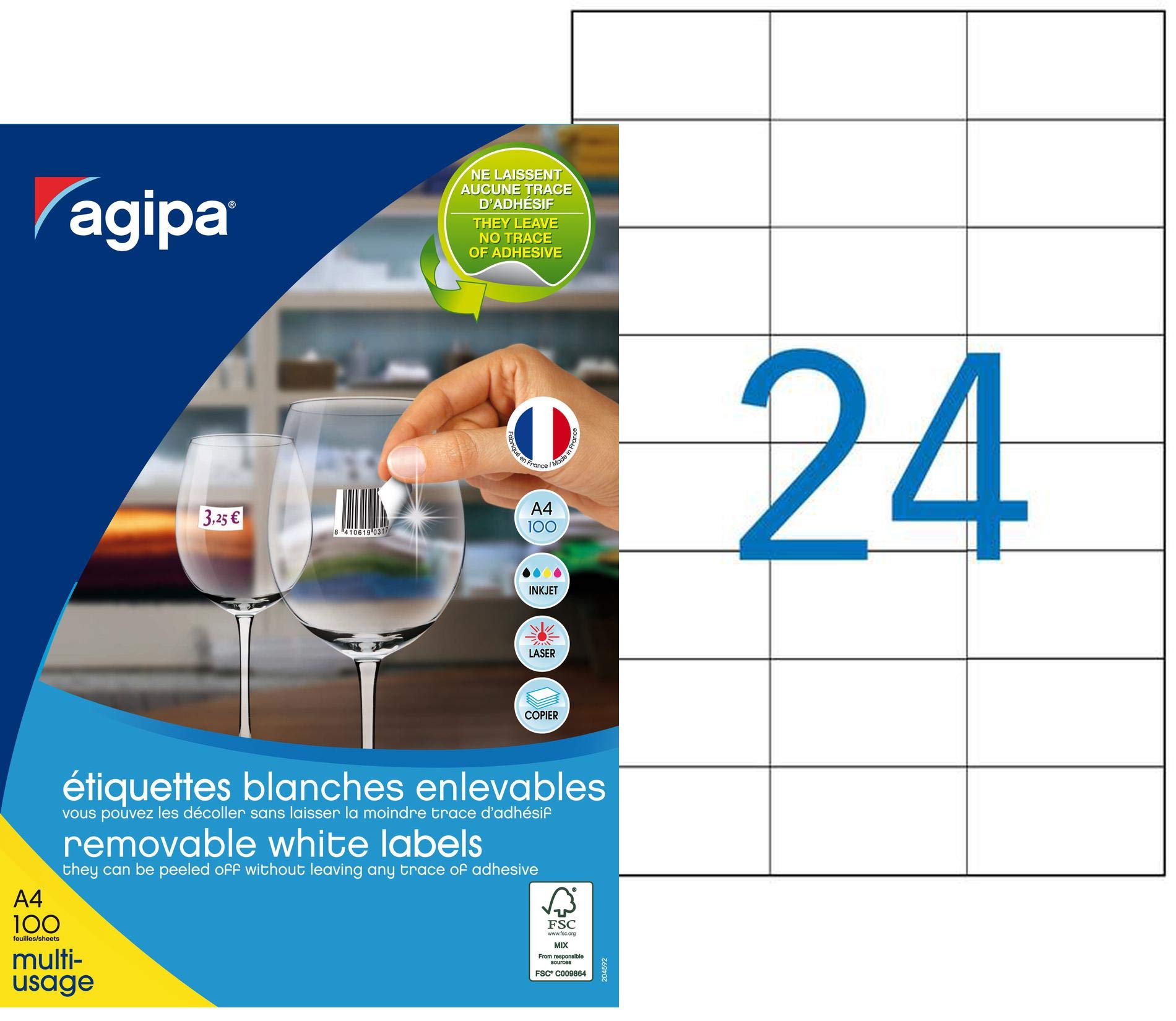 Agipa 101165 Pack of 2,400 DIN A4 Multi Purpose Labels 70 x 37 mm White enlevable Rights