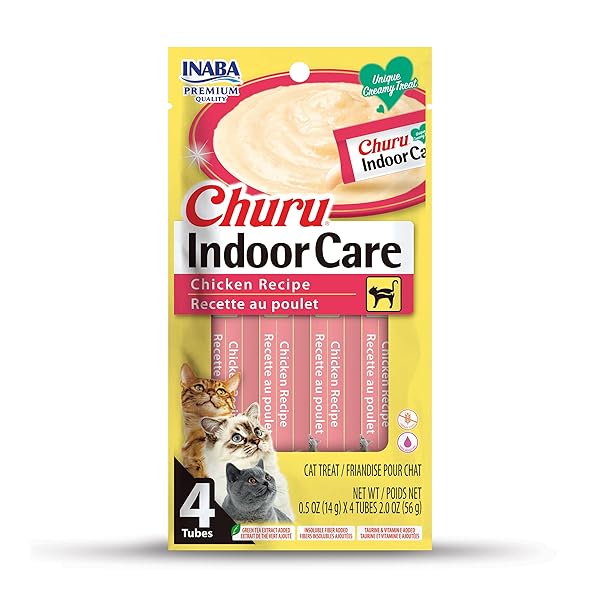 INABA CHURU FOR CATS, FUNCTIONAL, CREAMY LICKABLE PURÉE CAT TREAT FOR INDOOR CARE AND HAIRBALL CONTROL WITH TAURINE & VITAMIN E, 0.5 OUNCES EACH, 4 TUBES (1 PACK), CHICKEN RECIPE