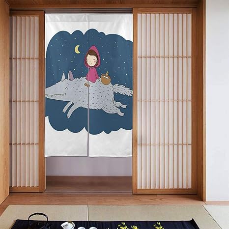 Amazon Wotaka 部屋仕切り のれん 星空の夜を走っている巨大な狼のピンクのフードとバスケットの漫画の子供 おしゃれ 暖簾 玄関 キッチン リビング 飲食店 出入り口 ロング のれん カーテン 幅86 丈143cm のれん オンライン通販
