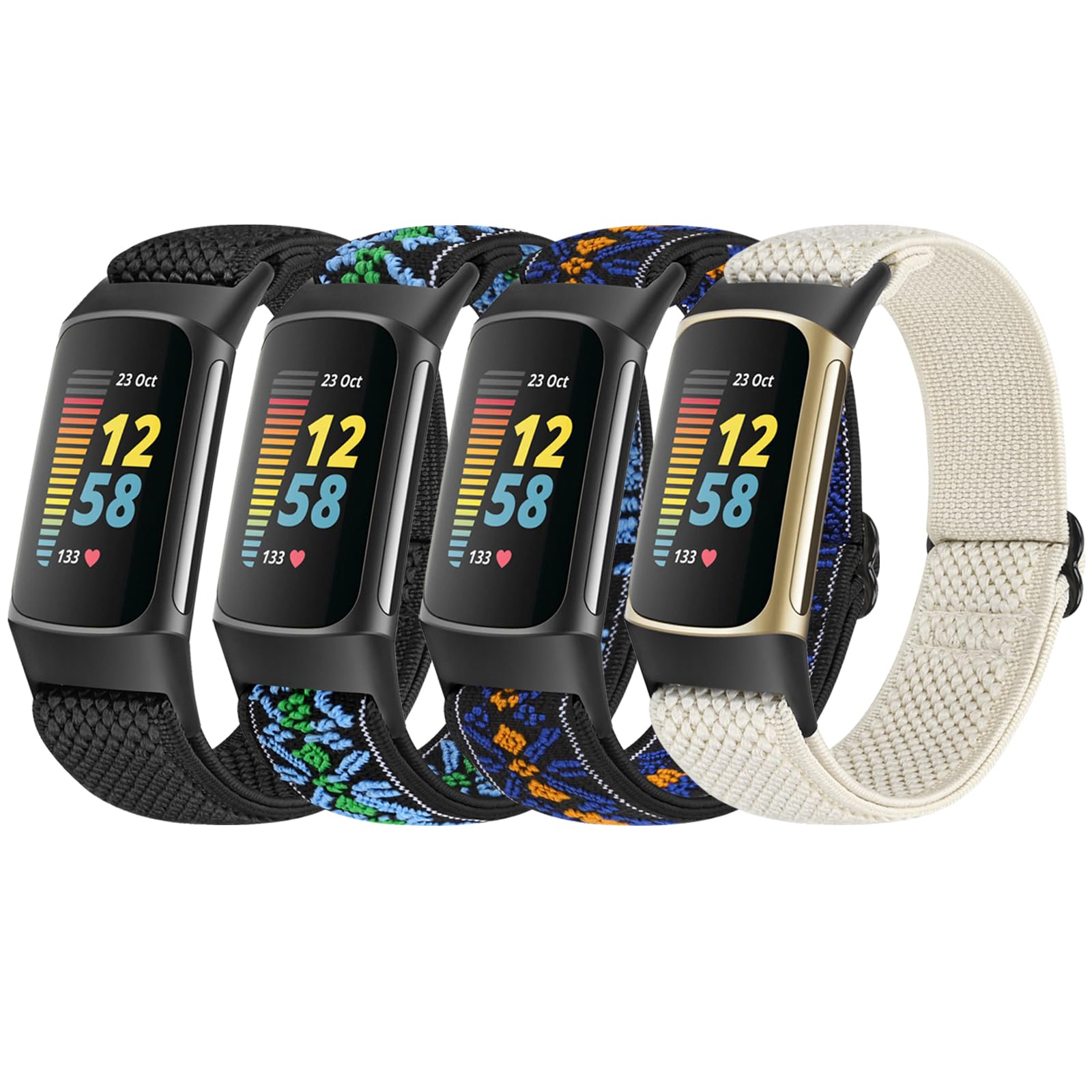 Tiptops 4 Pack Elastic Bands Compatible with Fitbit Charge 5 Men Women, Soft Adjustable Stretchy Strap Comfortable Sports Replacement Wristband for 5, Black+BohemiaNE-Blue+BohemiaNE-Red+Off-white