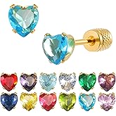 12 Pairs Hypoallergenic Screw Back Heart Birthstone Earrings for Women Man 14K Gold Flat Back Cartilage Earring for Sensitive Skin