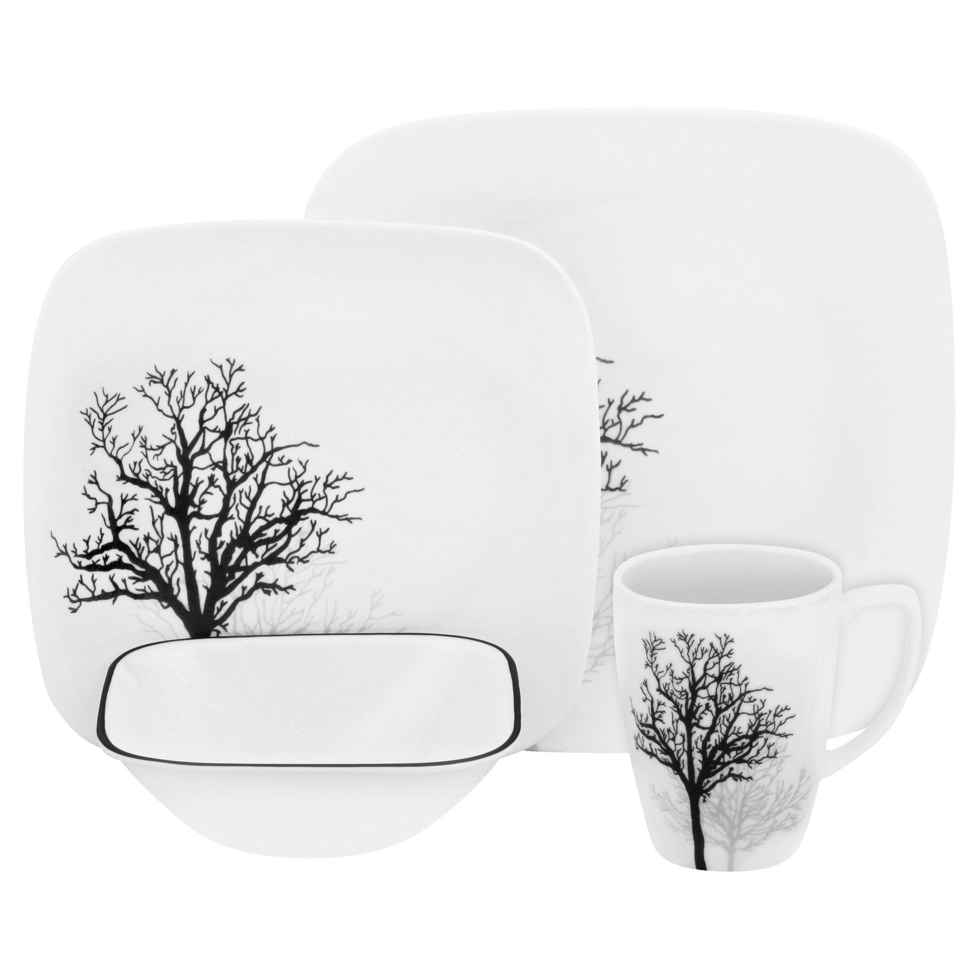 Corelle Vitrelle Glass Timber Shadows Chip and Break Resistant Dinner Set, Set of 16, Black/Grey