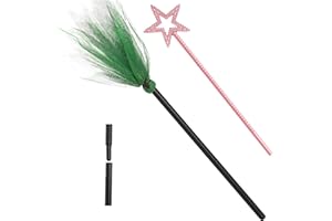 Arrowbash 2 Pieces Witches Broom and Witch Wands Star Fairy Princess Wand Broomstick Adult Cosplay Costume Props Masquerade Dress up Christmas Party Favors (35.43 Inch,13.78 Inch,Pink and Green)
