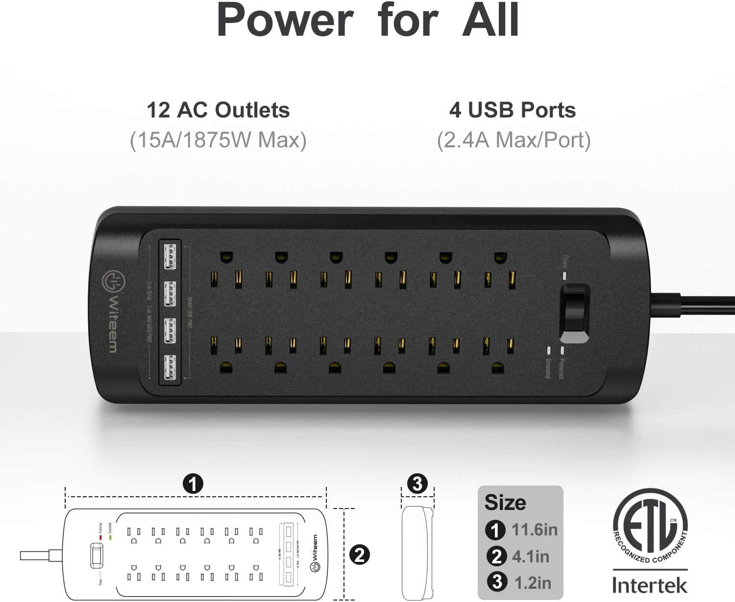 Surge Protector with USB (4360 Joules), Witeem 12 Outlets Power Strip and 4 Smart USB Charging Ports (5V/3.4A), Flat Plug, 1875W/15A, 6 Feet Heavy Duty Extension Cord, ETL Listed, Black: Home Audio & Theater